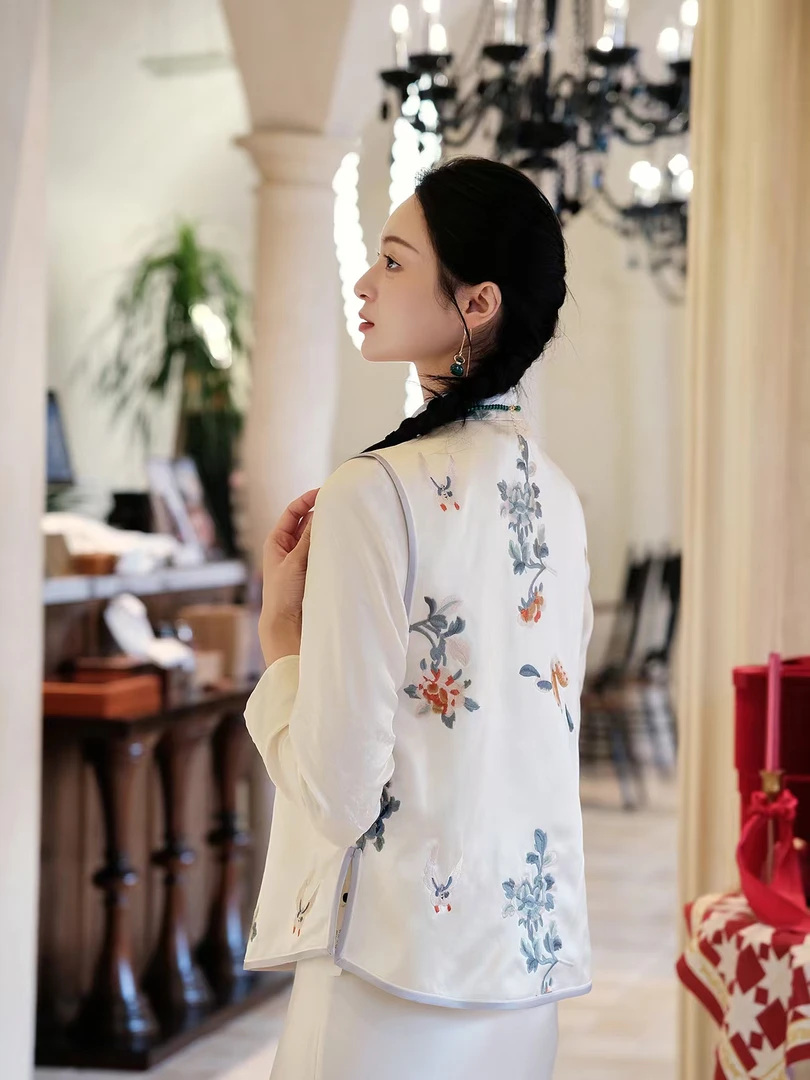 真丝手推绣对襟马甲