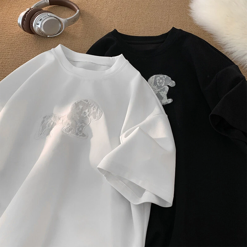 小狗刺绣短袖t恤男夏季美式潮流情侣高级感宽松休闲圆领五分半袖