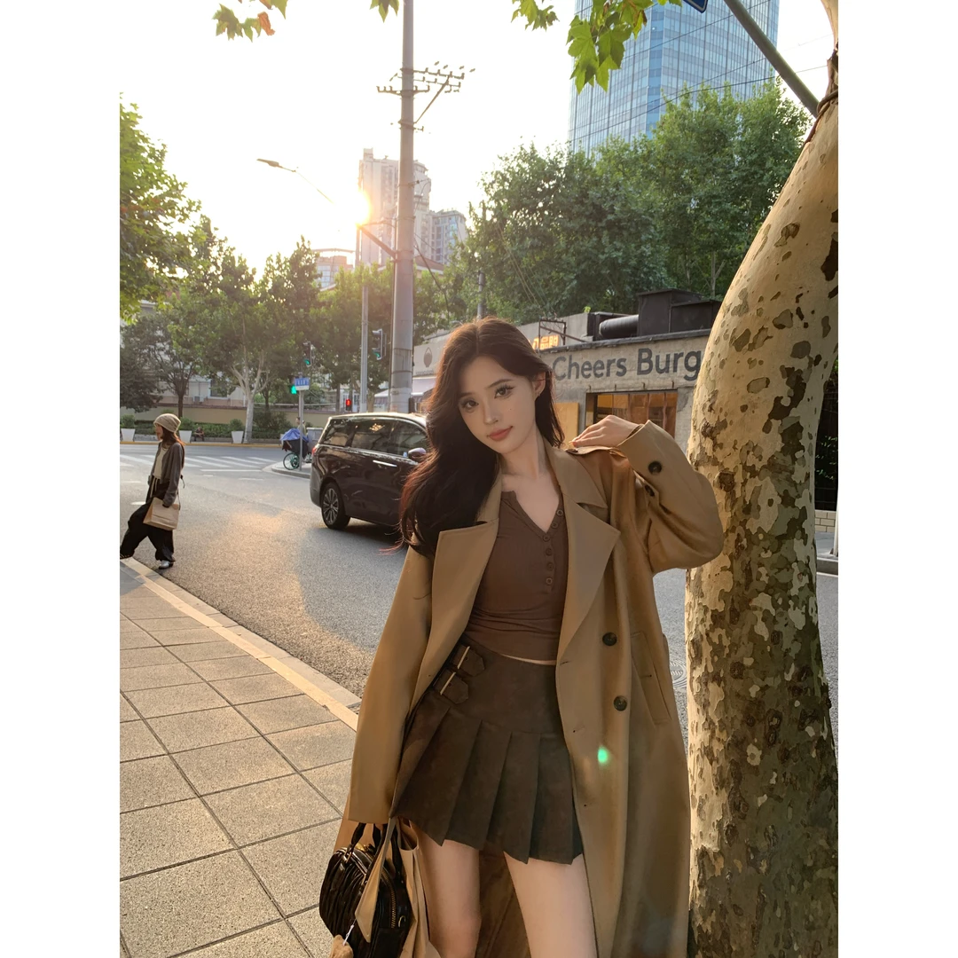 【城市漫步】UM家2025秋季新款卡其色长款韩版H型双排扣风衣外套女