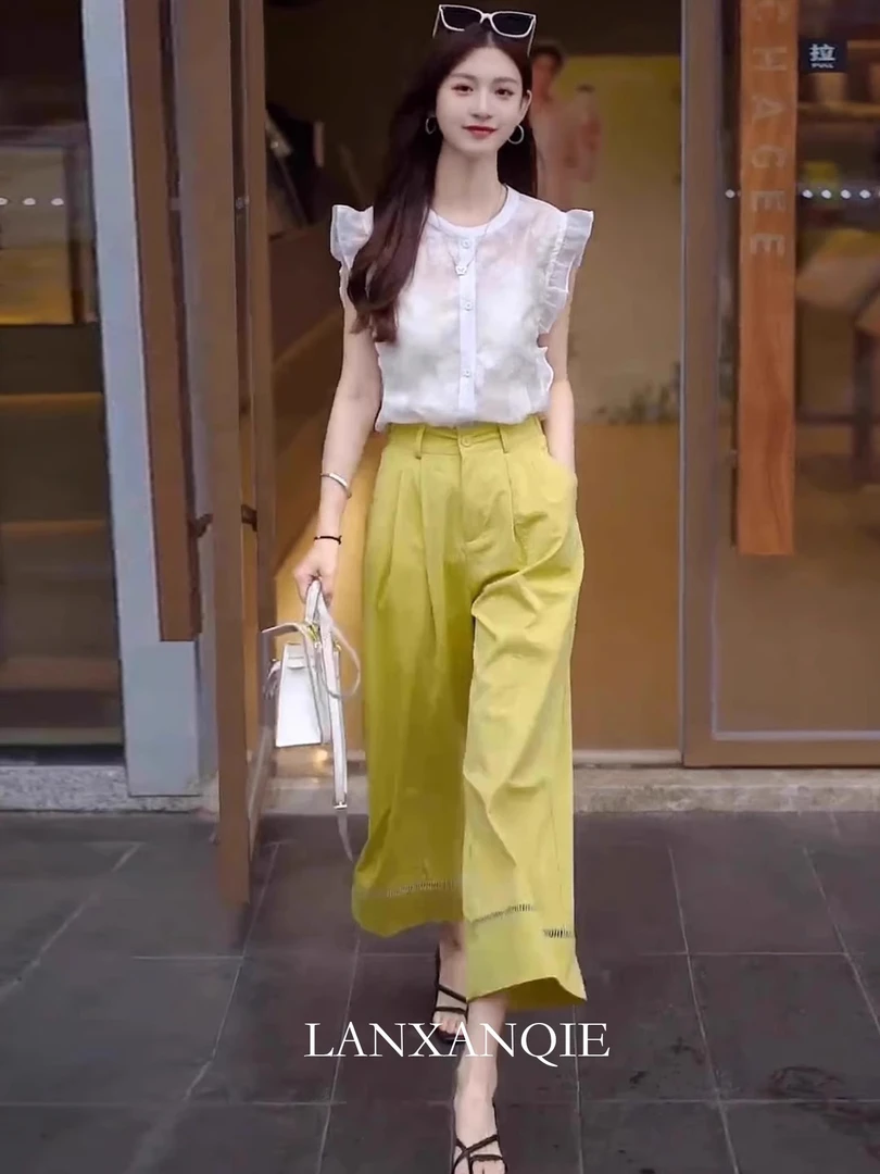 2025新款夏季穿搭一整套茶里茶气别致设计感无袖上衣两件套装裤女