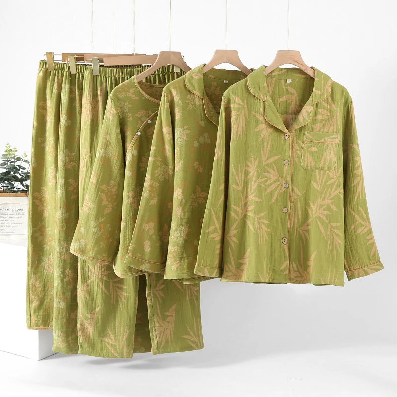 MEOD复古风女士纯棉色织中式国风棉纱睡衣春米白纯棉女士长袖睡衣