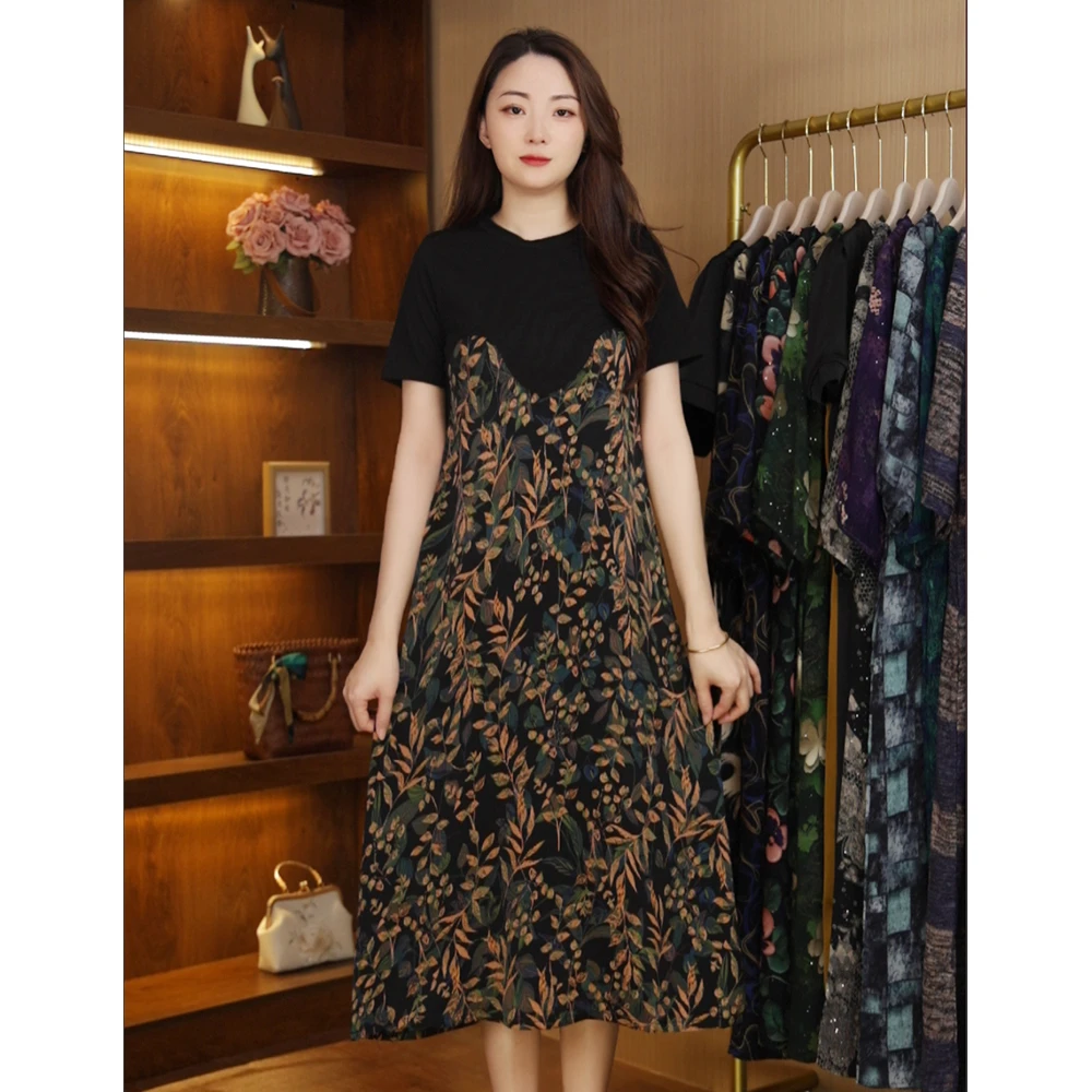 新款连衣裙花枝假两件短袖连衣裙
