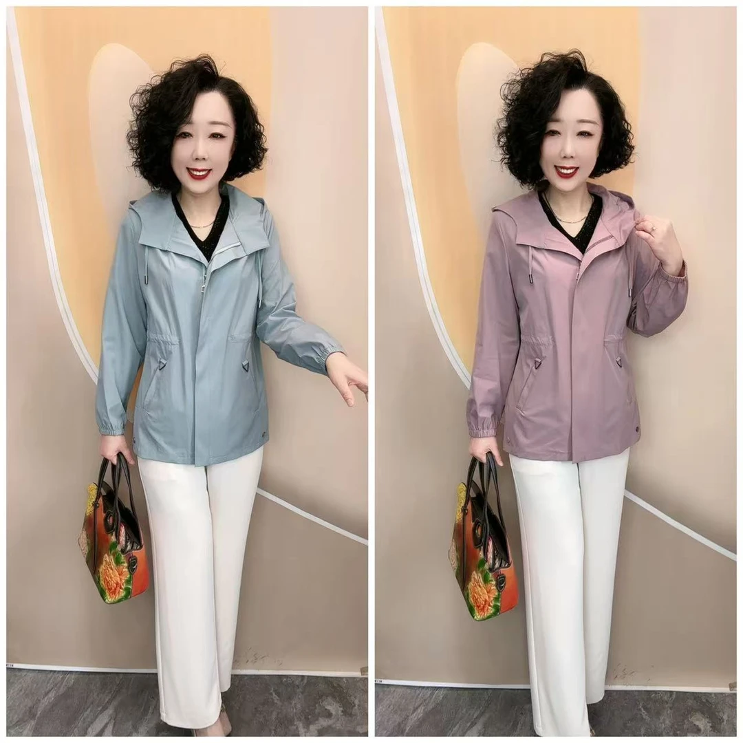 0326新款薄款单层连帽宽松大码百搭小风衣外套,衣长70