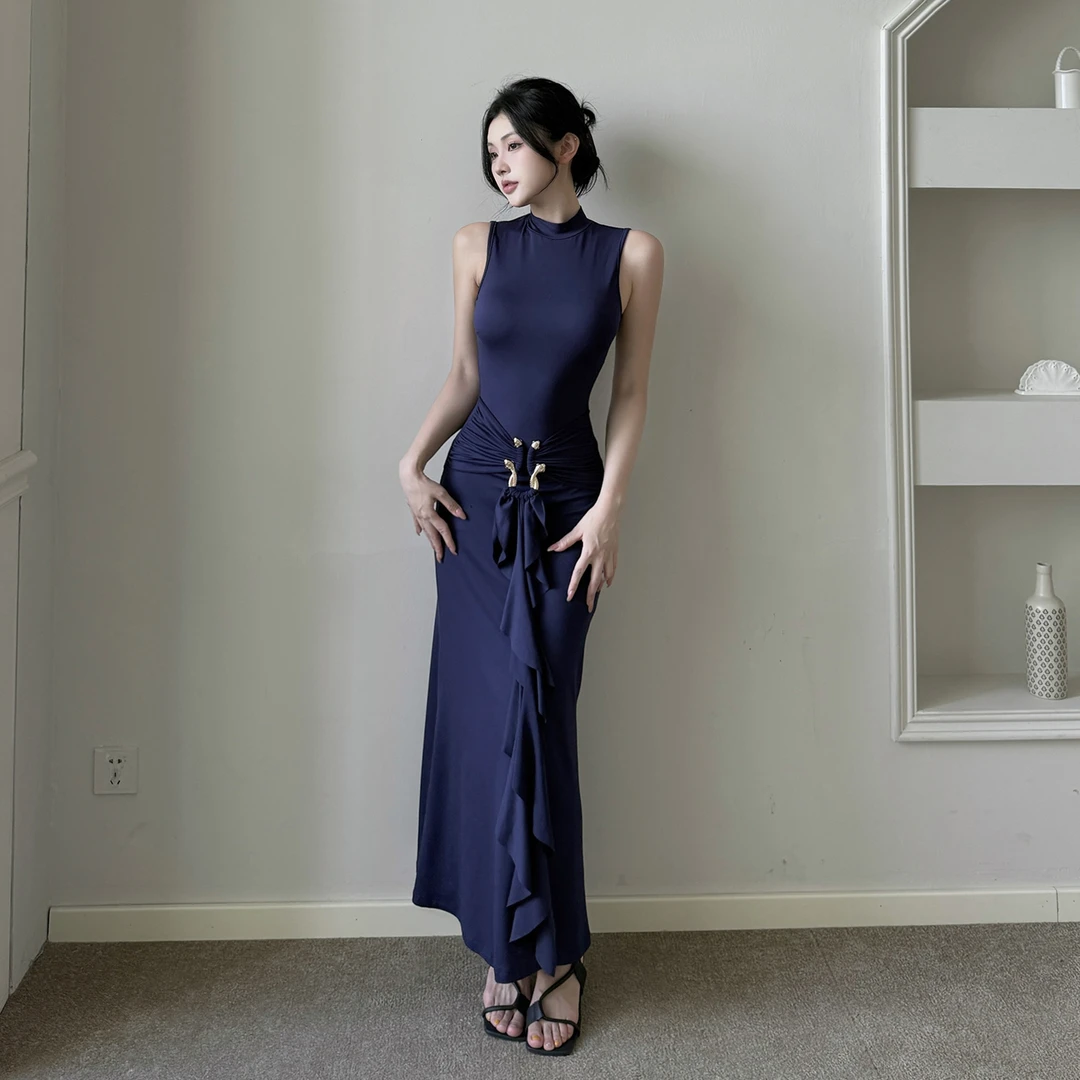 圆领常规露肩复古连衣长裙2025夏季高级感气质连衣裙收腰包臀裙