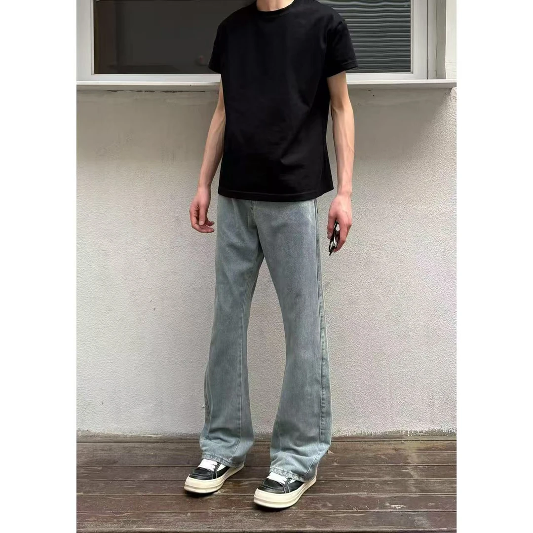 裤王复古洗水做旧蓝色牛仔裤微喇扭缝美式休闲牛仔裤