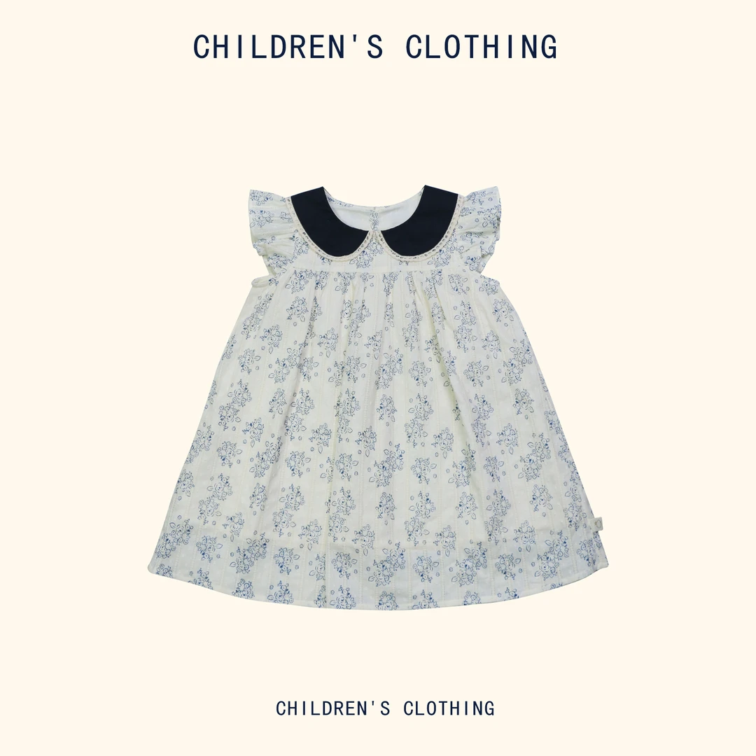 夏款女童洋气飞袖撞色翻领满印印花连衣裙2032