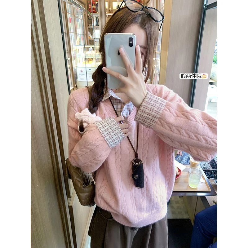秋冬新款韩系麻花粉色假两件毛衣女秋冬衬衫拼接内搭针织衫上衣