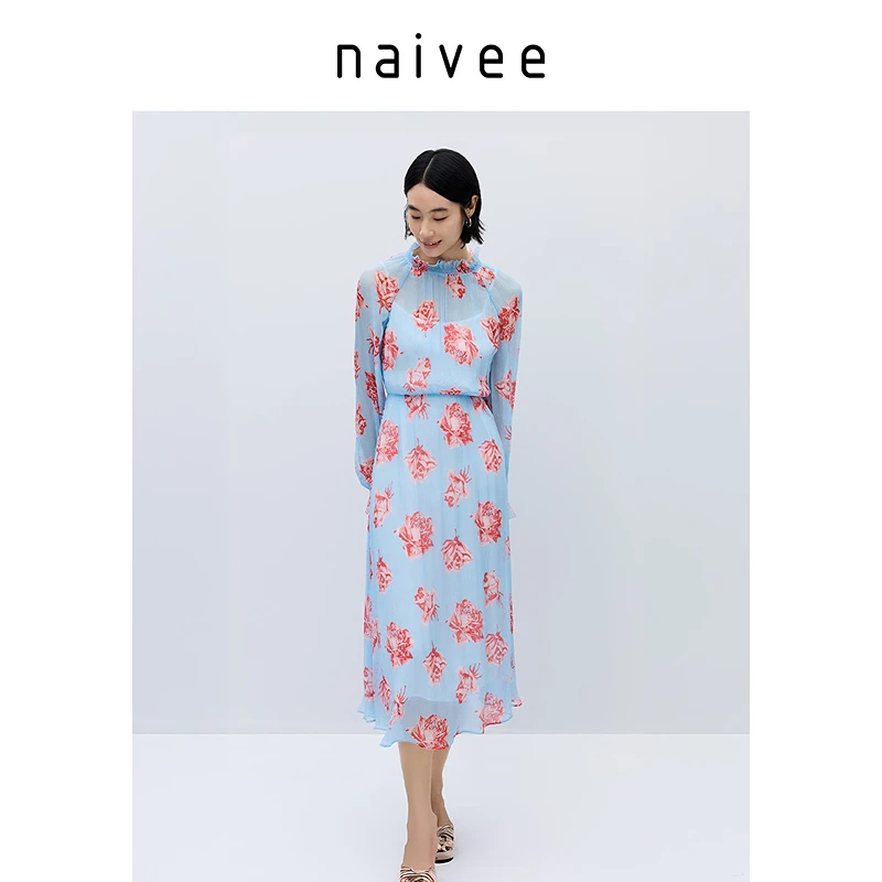 【官旗】Naivee/纳薇欧若风春真丝桑蚕丝印花连衣裙女253167721