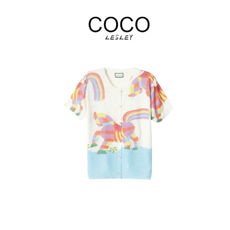 【COCO LESLEY】轻奢重工短袖亮片奢品彩马印染针织毛衣套头开衫潮
