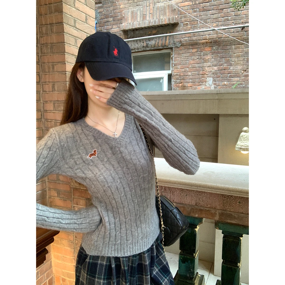 秋冬韩版小狗刺绣V领麻花北极绒毛衣打底新款时尚洋气出游服装女
