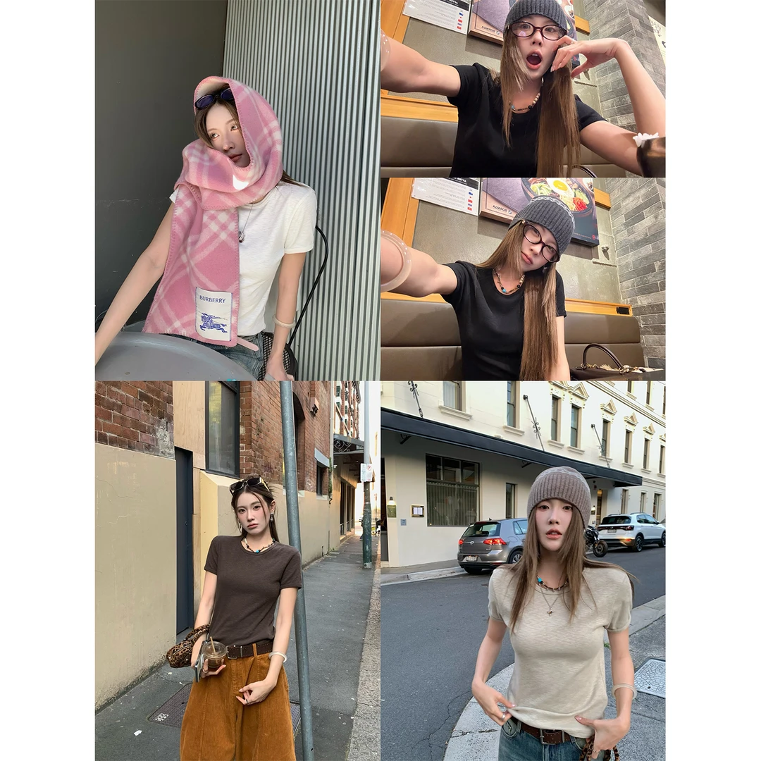 PPLAND【极简派】肌理感短款短袖T恤女圆领正肩显瘦套头休闲上衣