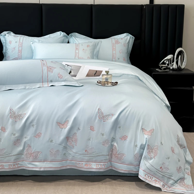 轻奢高级感全棉四件套纯棉蝴蝶刺绣裸睡被套床笠亲肤床上用品礼盒