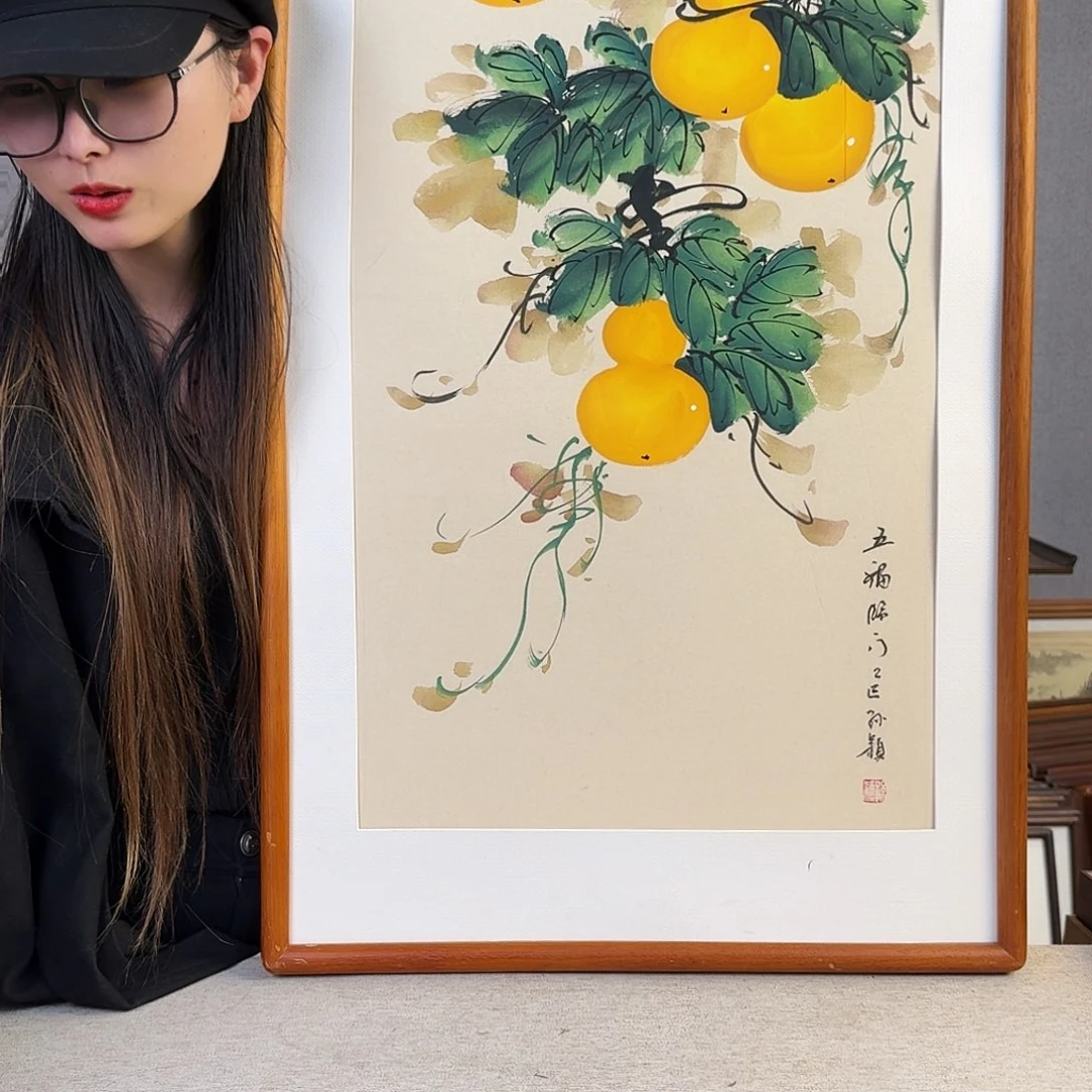 国画纯手绘，纯手写带框尺寸：53×103厘米