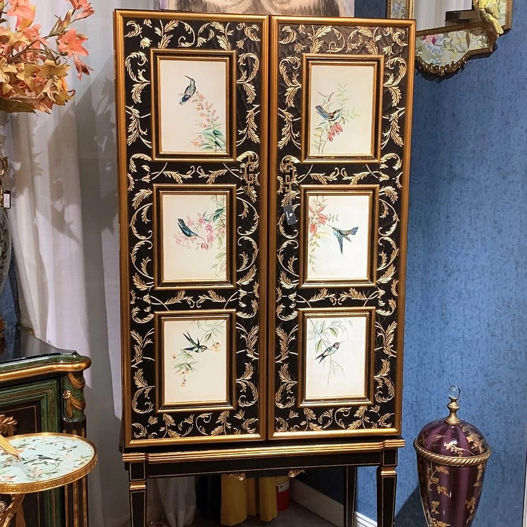 悠***如铜实木手绘金箔陈雕高脚柜