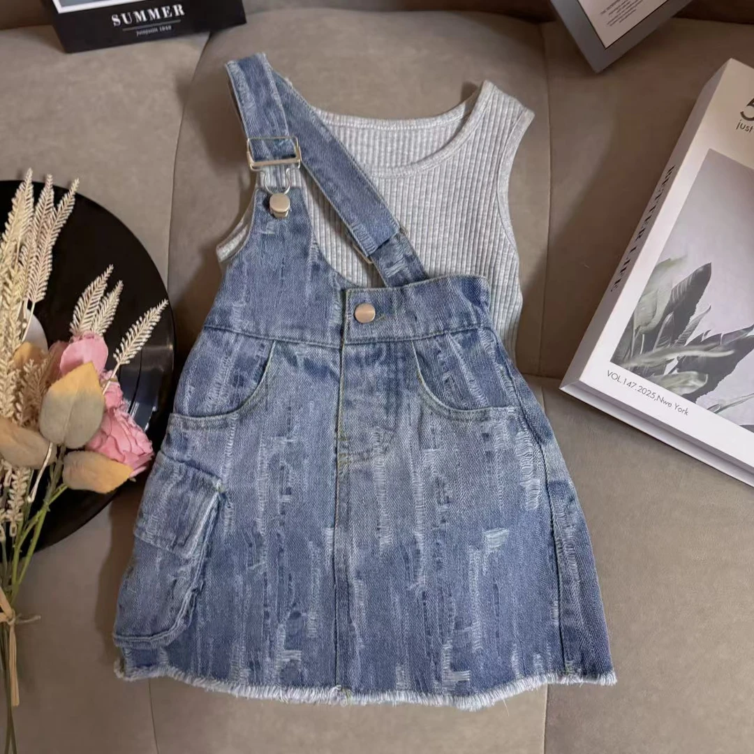 女童背心单肩背带短裤套装2025夏季水洗软牛仔热裤连体无袖两件套