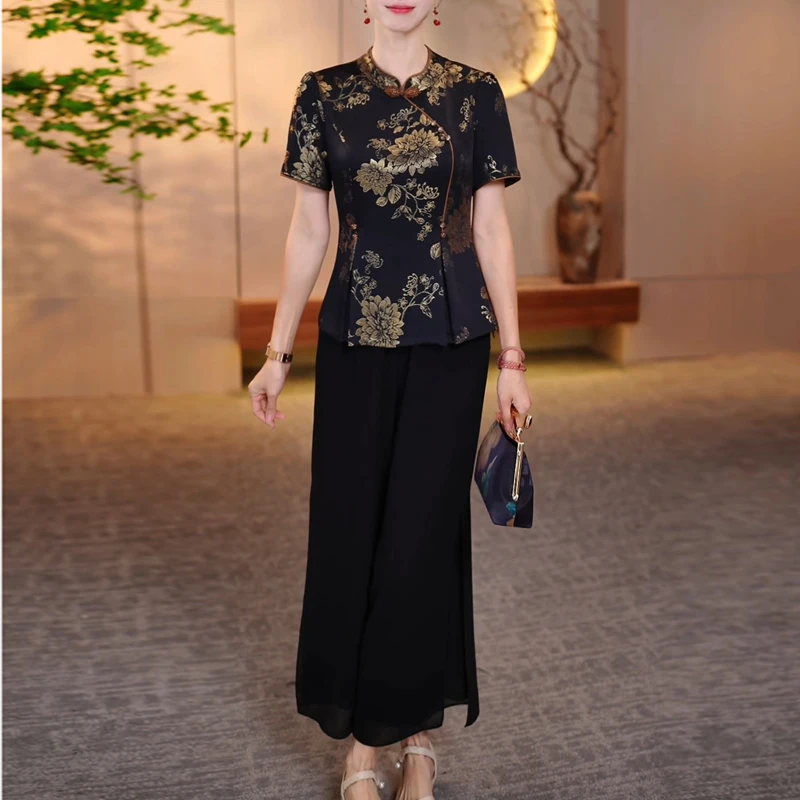 时尚气质套装女2025夏季新款高端精致显瘦复古上衣+阔腿裤两件套
