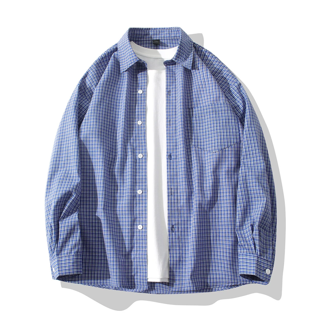 新款港风衬衫男款长袖美式复古格子衫春秋季潮牌氛围感衬衣男外套