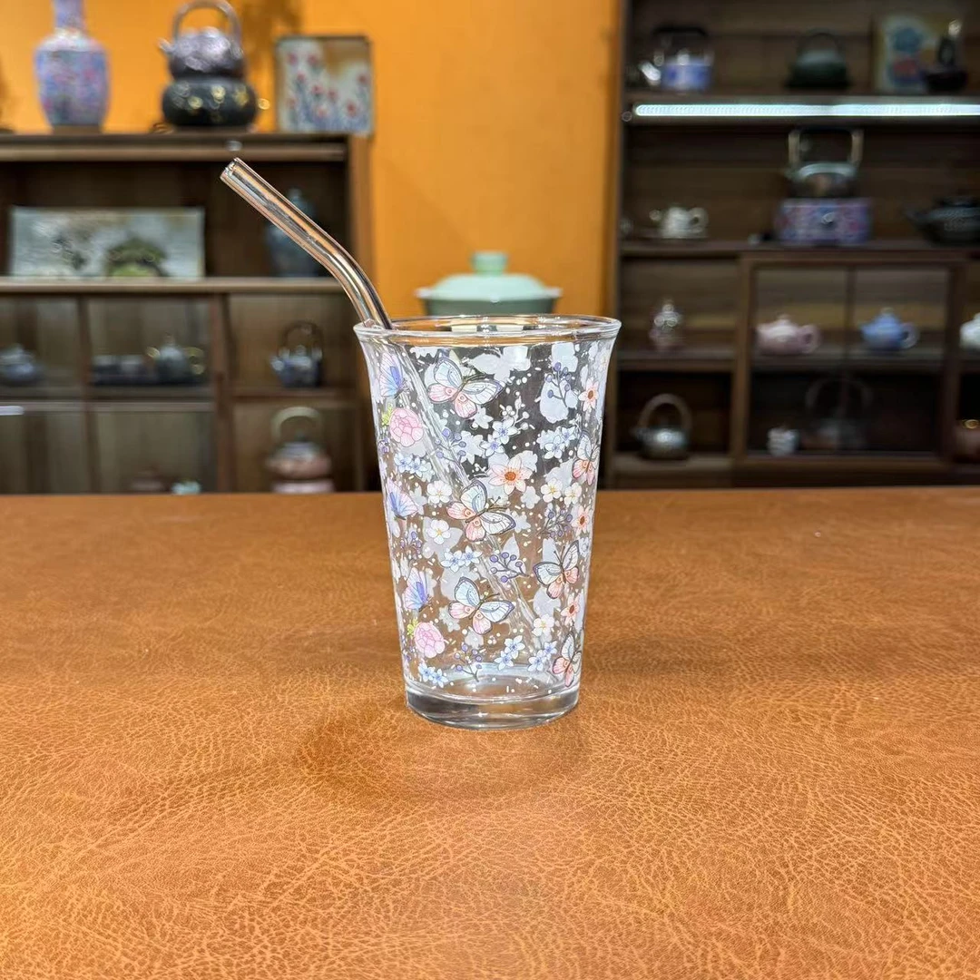 沐雨茶具 玻璃-蝴蝶-绿茶杯（带透明吸管-珍珠棉）-6116（直播专享）