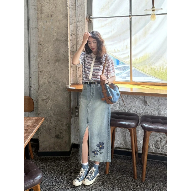 INS CEC夏季短袖T恤女条纹针织开衫上衣直筒开叉牛仔半身裙