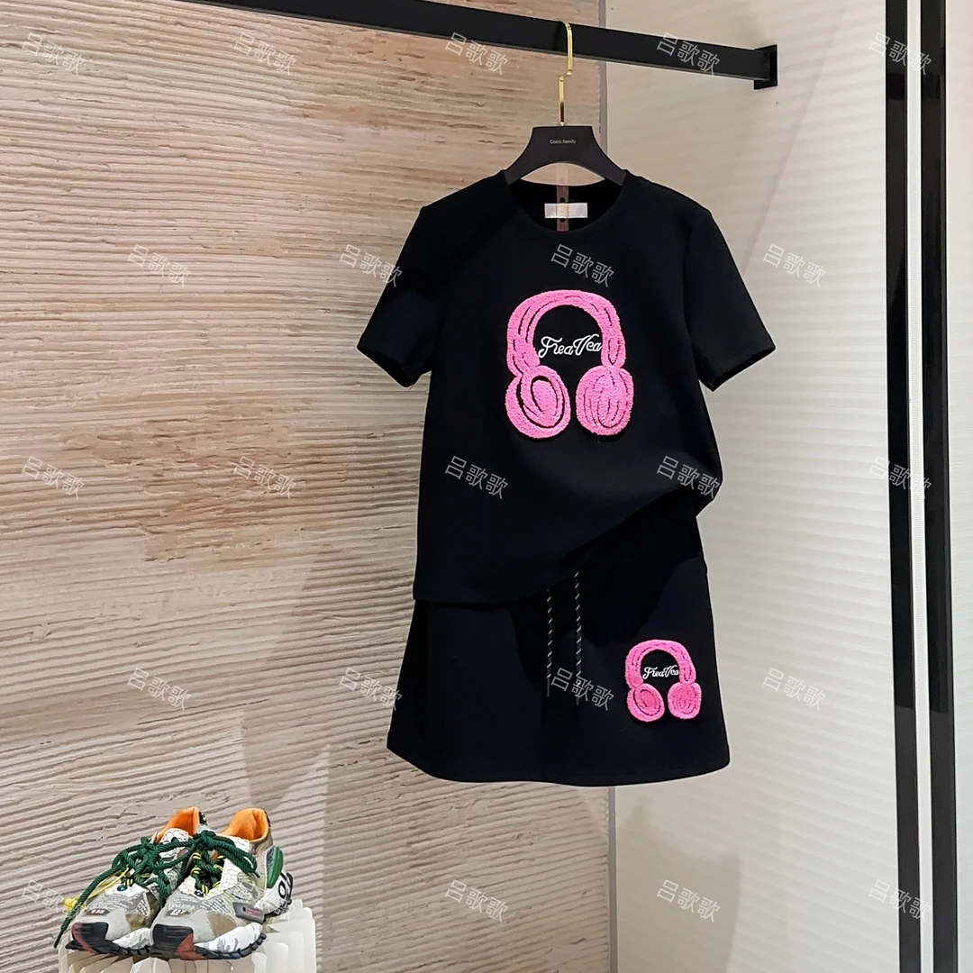 【宠粉价】刺绣粉色耳机短袖套装裙两件套连衣裙裤JC-A3693