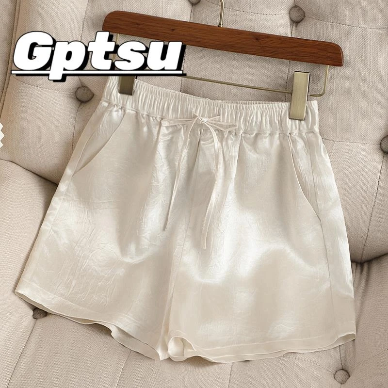 GPTSu白色系穿搭轻奢高端醋酸抽绳短裤女夏2025洋气凉感阔腿热裤