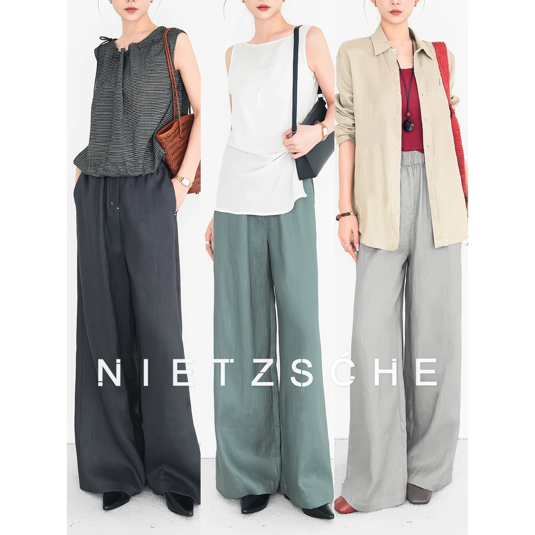 Nietzsche｜清冷侘寂亚麻裤｜1oo%亚麻拉劳风松紧腰直筒休闲裤90060