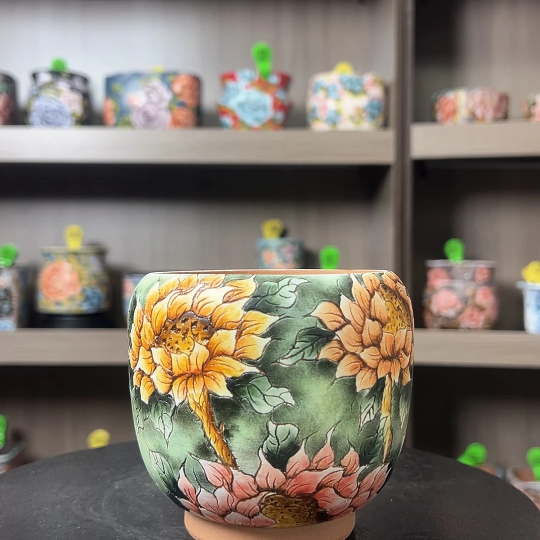 手绘陶瓷花盆口9高10.3