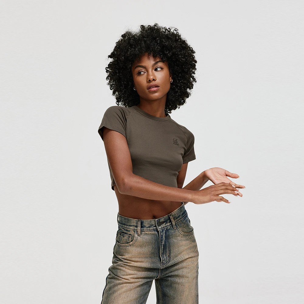 BONELESS刺绣LOGO短款露脐短袖夏纯棉透气紧身t恤辣妹圆领上衣女