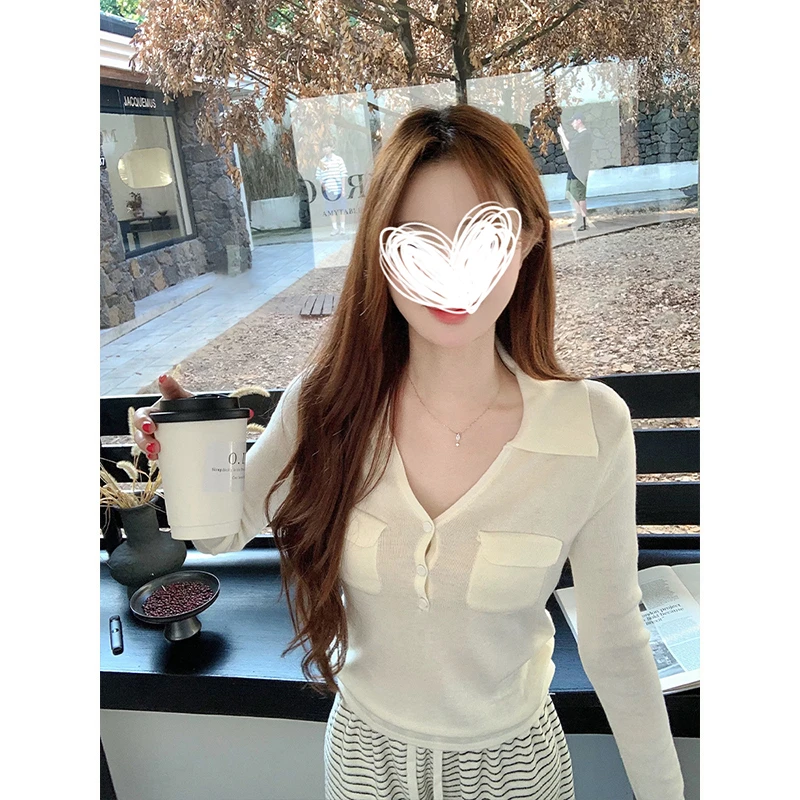 Moses Queen/魔西女王拼接V领无袖设计感针织衫翻领通勤气质上衣