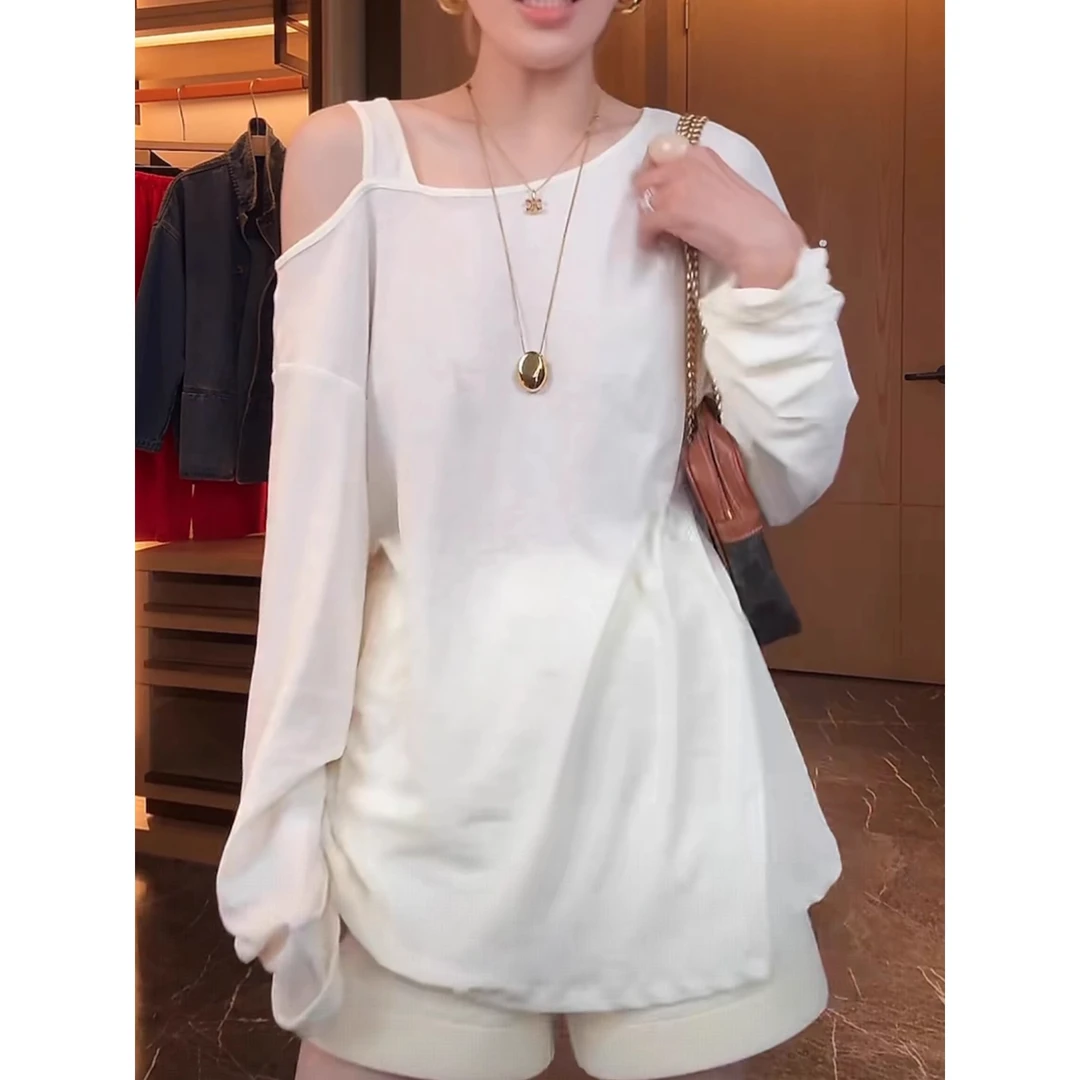 斜领露肩长袖T恤女2025秋季新款百搭休闲防晒罩衫薄款小众上衣潮
