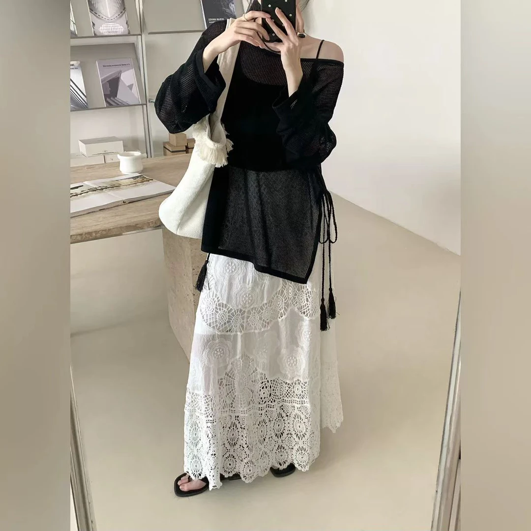 波西米亚民族风法式镂空钩花蕾丝半身裙气质鱼尾裙高腰长裙女宽松