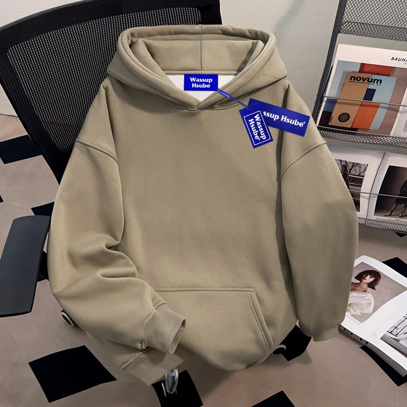 WASSUP HSUBE美式休闲纯色连帽卫衣浅咖色宽松情侣款oversize男女