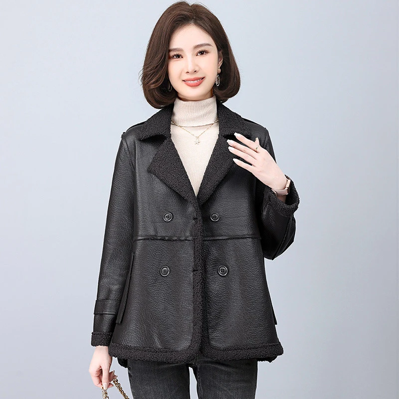 美拉德皮衣女加绒加厚冬季新款时尚洋气两面穿皮毛一体保暖6009