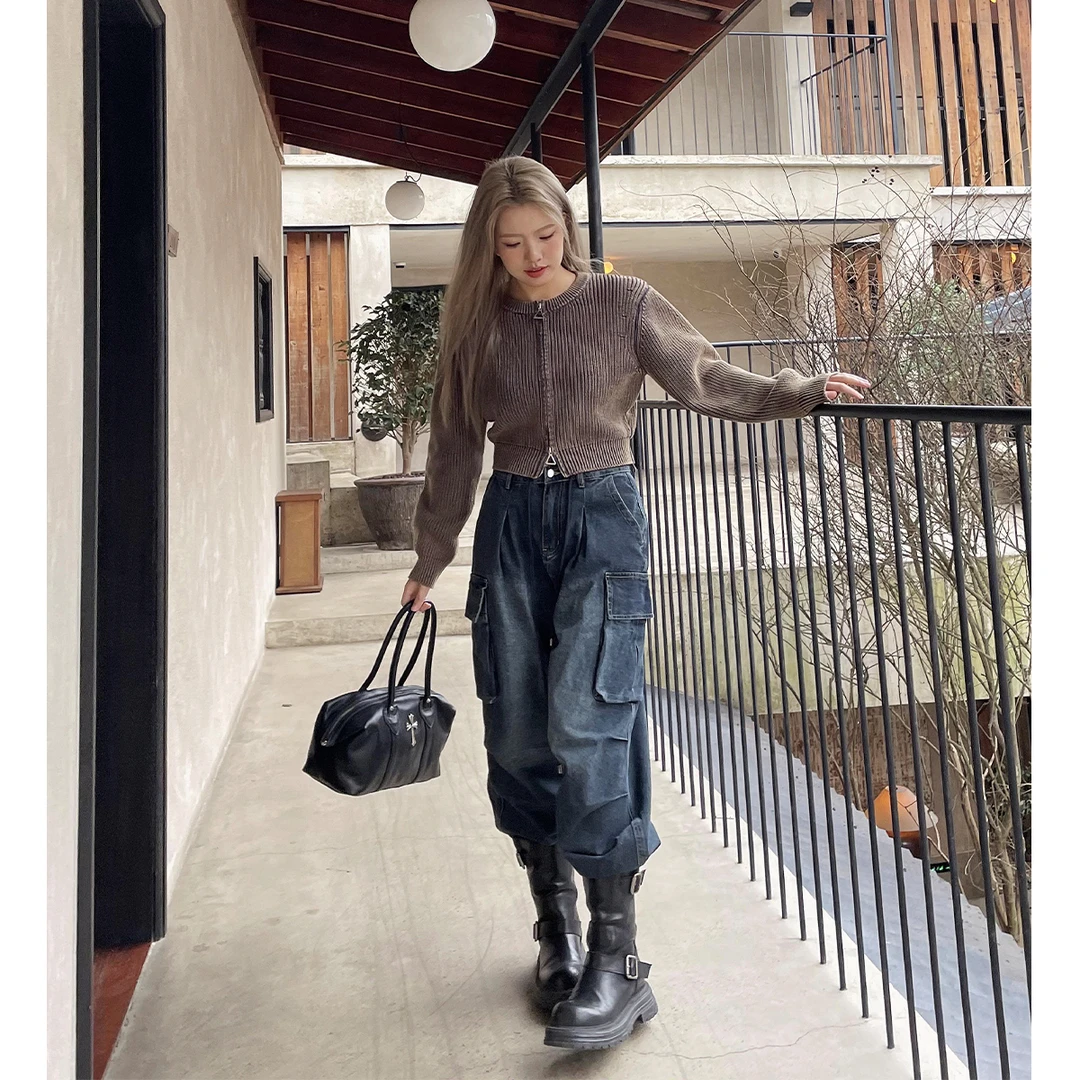 晶咕白标家微胖定制酸做旧针织短毛衣女秋冬大码上衣