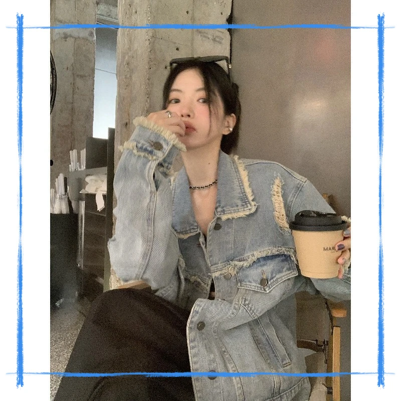 复古毛边做旧破洞牛仔外套女春秋宽松休闲百搭工装夹克上衣潮ins