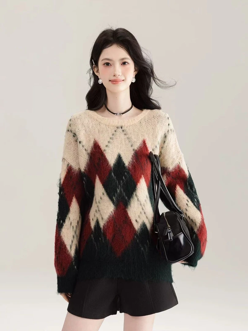 【冬和日漫】圣诞菱形格宽松慵懒拉毛套头毛衣