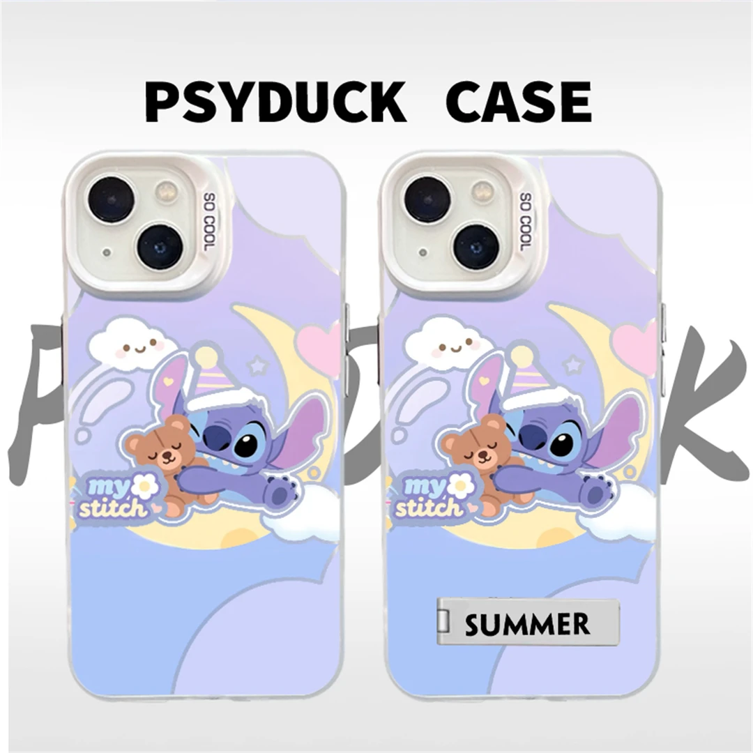 适用苹果华为一加小米史迪仔抱熊彩银白底卡通动漫防摔手机壳