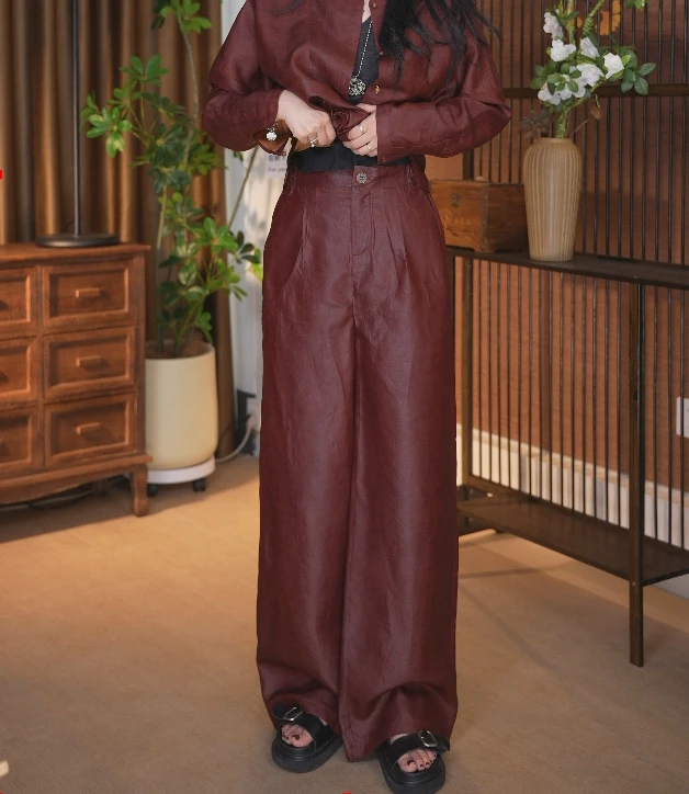 早春新款女士桑蚕丝龟裂纹香云纱宽松阔腿裤国风禅意休闲裤805