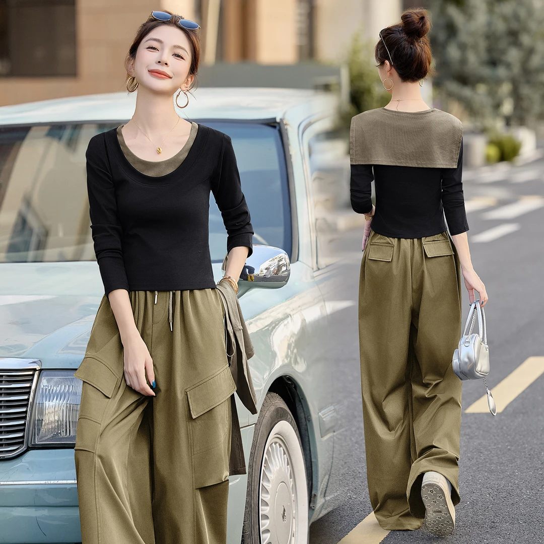 学院风时尚撞色披肩T恤套装女2025早秋酷飒减龄洋气工装裤三件套