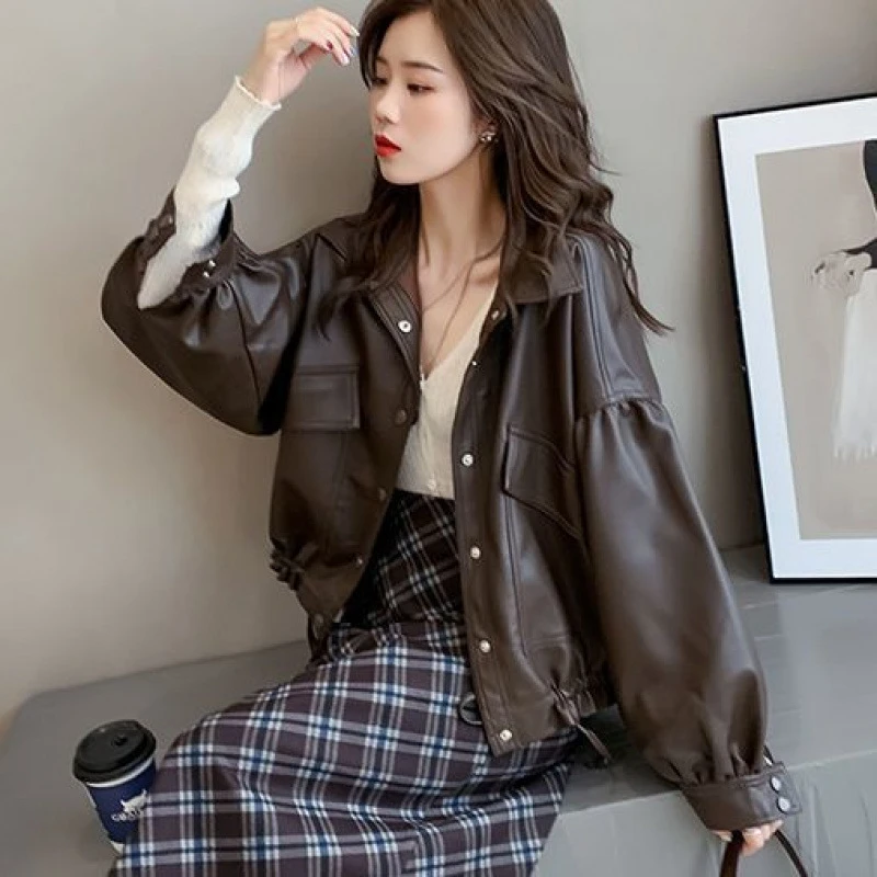 皮衣外套女春秋新款韩版宽松短款洋气翻领皮夹克百搭上衣潮