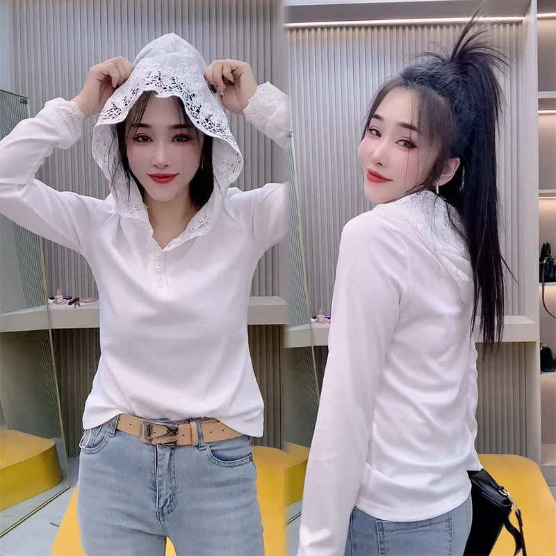 韩版内搭休闲连帽洋气长袖T恤宽松白色时尚修身显瘦百搭打底衫