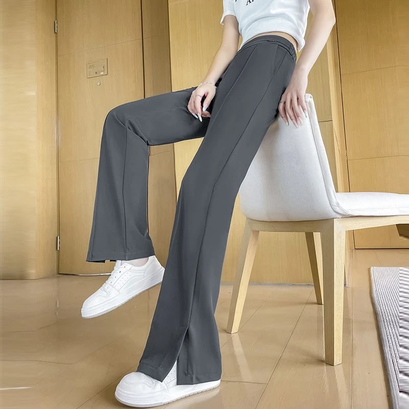 夏季冰丝微喇叭裤女高腰薄款直筒显瘦拖地小个子垂感宽松休闲裤子