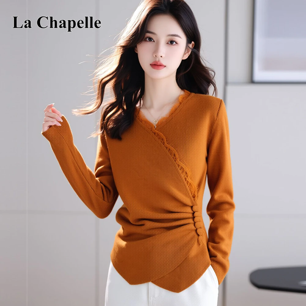 拉夏贝尔韩系内搭时尚蕾丝V领长袖针织衫秋冬不规则显瘦打底毛衣