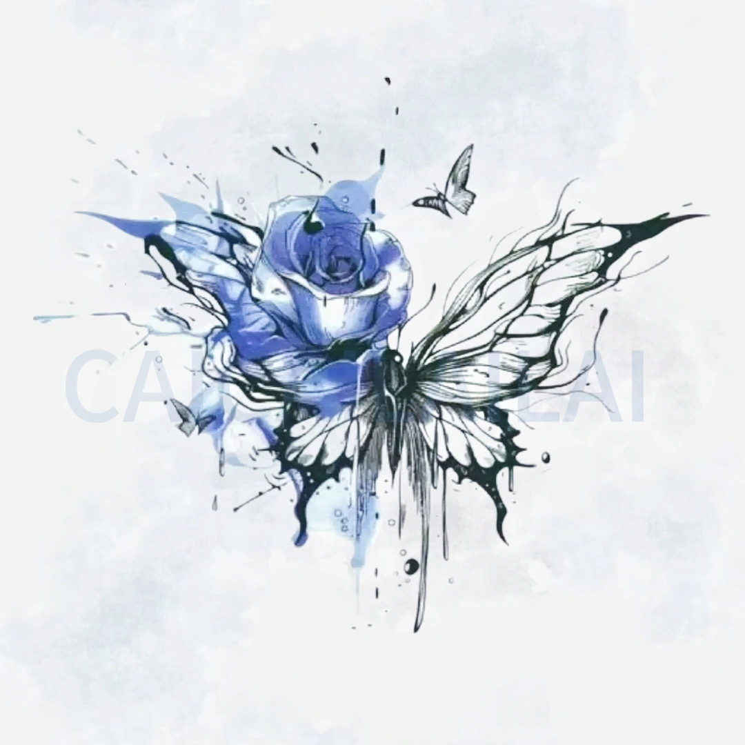 CAICAILAILAI蓝色双生蝴蝶/唯美蝴蝶玫瑰彩色纹身贴甜酷