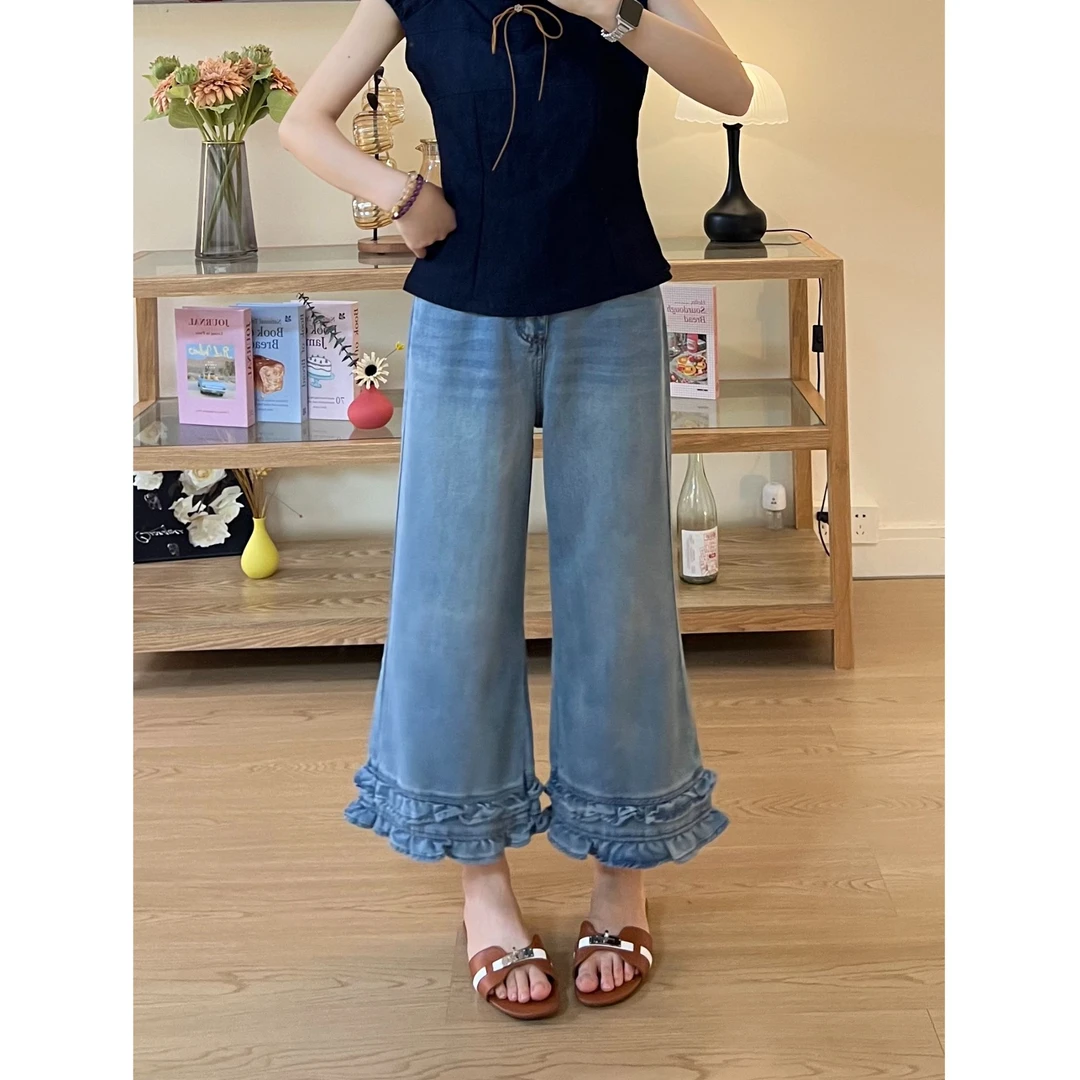 设计感花边裤脚牛仔裤夏季薄款莱赛尔冰丝微喇裤微胖显瘦大码女裤