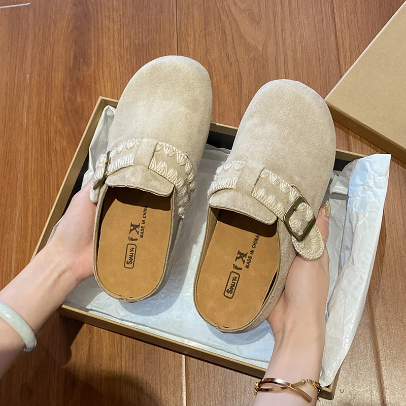 厚底一脚蹬懒人鞋女2025春季新款外穿包头半拖鞋皮带扣时尚勃肯鞋