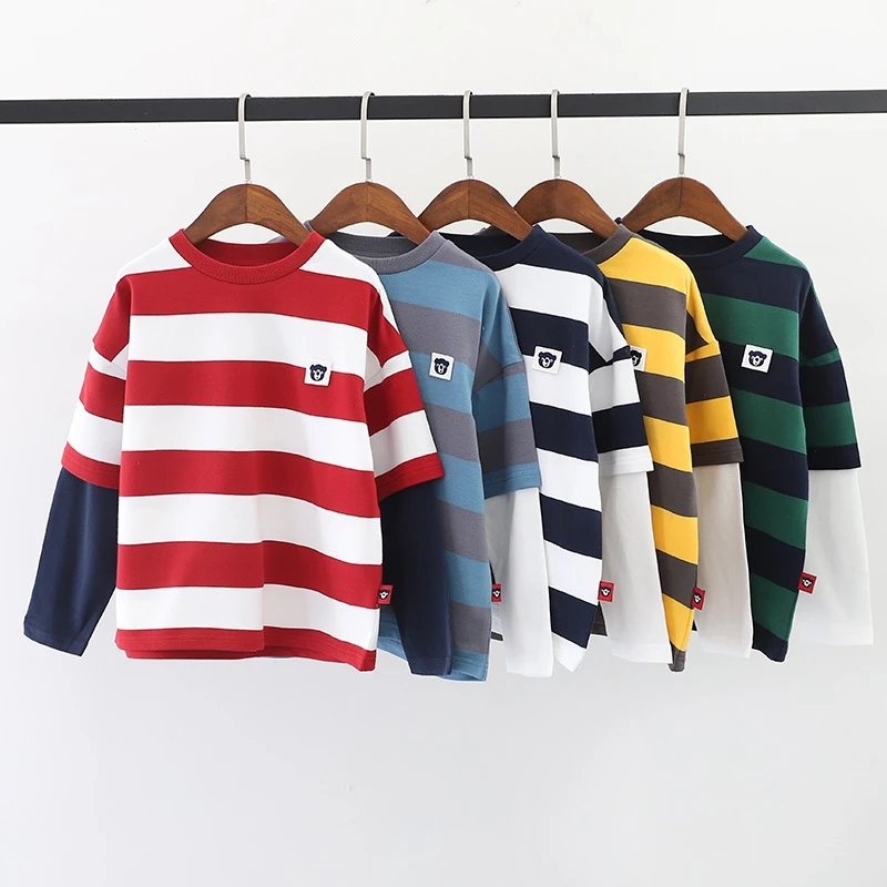 肉肉家-【条纹T恤假两件】儿童春季宽条纹韩系宽松圆领上衣