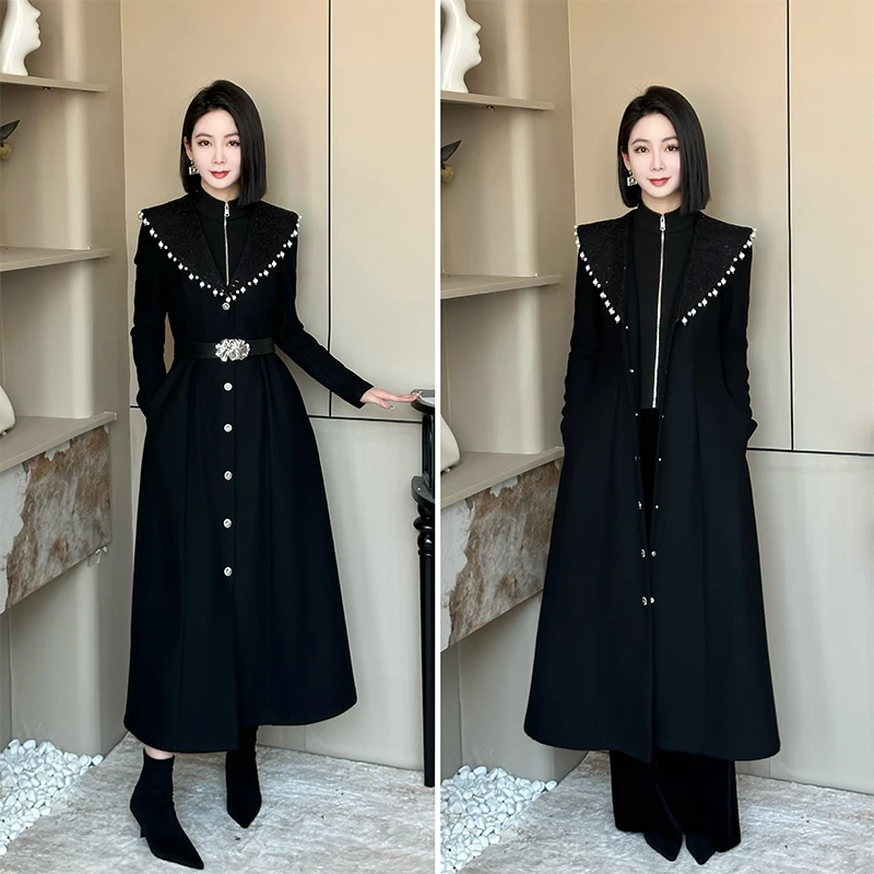 格娜冬季修身型复古纯色收腰轻奢中长款毛呢外套长款翻领风衣裙