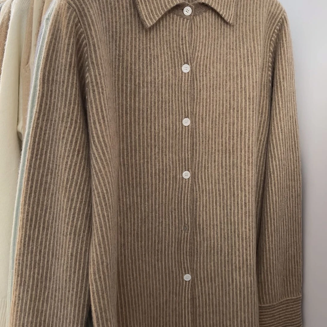 蓝条纹 衬衣款 羊绒开衫