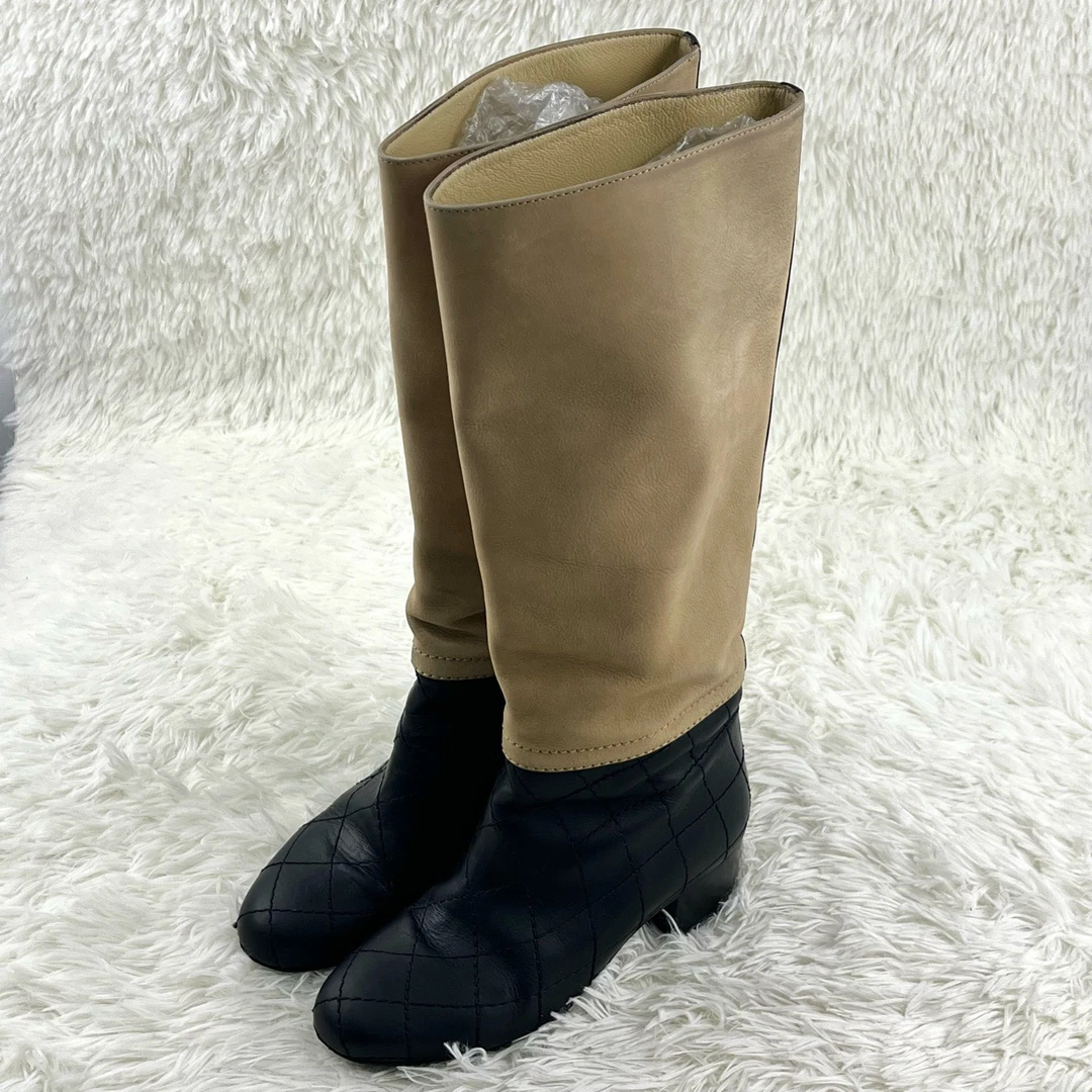 99新 Chanel/香奈儿 高跟鞋稀有C标菱格拼色长靴36.5码12408396